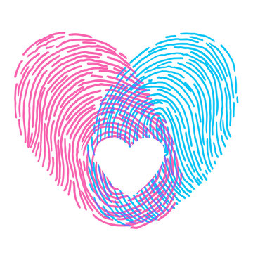 Valentines day design. Vector fingerprint sketch with heart. Hand drawn outline illustration with human finger print with pink and blue heart shape