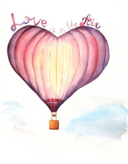 Obraz premium Watercolor hand drawn illustration of balloon in the shape of a heart of pink color in the clouds with lettering Love is in the Air on paper texture art