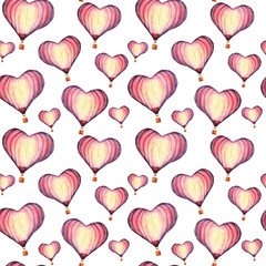 Watercolor hand drawn illustration seamless pattern background with balloons in the shape of a heart of pink color isolated on white art