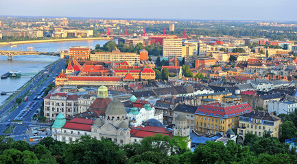 Naklejka na ściany i meble Top view of Budapest city on sunset