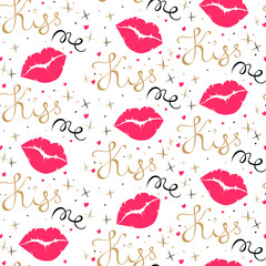 Vector Valentines Day hand drawn text Kiss Me. Pink lips icon. Valentine Day design seamless pattern. Gold, black and pink on white background.