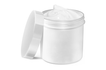 White cosmetic cream open jar with smudged cream on the outside and blank surface, with its lid up on one side, beauty product isolated on white background, clipping path included