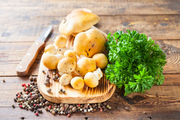 mushrooms on a board, selective focus