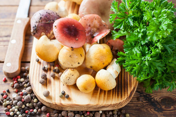 mushrooms on a board, selective focus