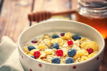 Healthy Breakfast Muesli with berries,honey and milk 