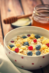 Healthy Breakfast Muesli with berries,honey and milk 