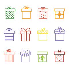 Vector multicolor gift boxes thin line icons set