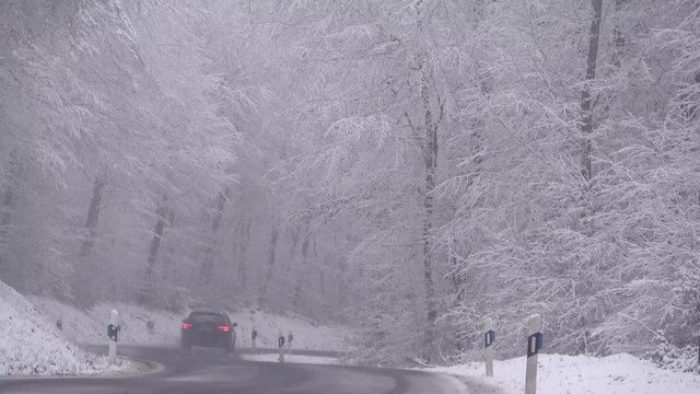 Stra&szlig;e durch Wald mit Schnee, Winterwald, 4K