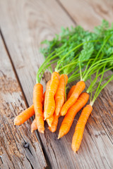 carrots with a tops of vegetable on a table, selective focus