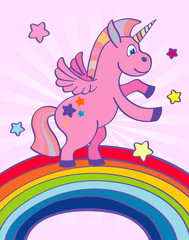 Hand drawn pink unicorn rainbow