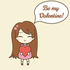 Cute girl holding heart, and speech bubble with text.