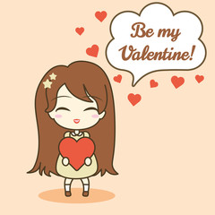 Cute girl holding heart, and speech bubble with text.