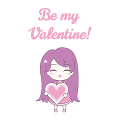 Cute girl holding heart, with text. On white background.