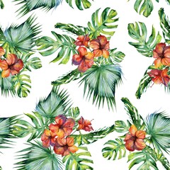 Seamless watercolor illustration of tropical leaves, dense jungle. Hibiscus. Banner with tropic summertime motif may be used as background texture, wrapping paper, textile or wallpaper design.