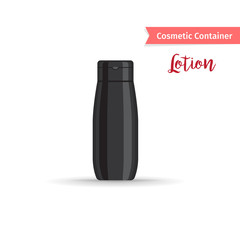Cosmetic container. Realistic black bottle for lotion with hand drawn inscription. Vector illustration