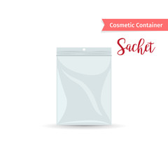 Cosmetic container. Realistic white sashet with text vector illustration