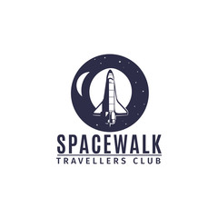 Spacewalk astronautic traveller club vector logo design with space rocket in retro style