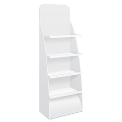 White Cardboard Floor Display Rack For Supermarket Blank Empty Displays With Shelves Products Mock Up. Illustration Isolated On White Background. Ready For Your Design. Product Packing. Vector EPS10