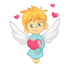 Illustration of a Baby Cupid Hugging a Heart. Cartoon illustration of Cupid character for St Valentine's Day isolated on white