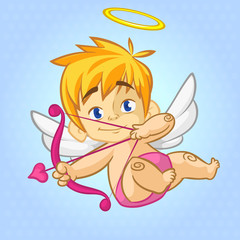 Funny little Cupid aiming at someone with an arrow of love. Cartoon illustration of a Valentine's Day. Vector. Isolated on blue background