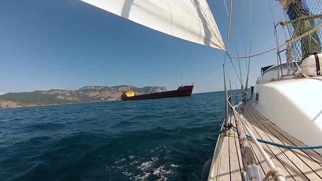 bow of the yacht with in the black sea in the Crimea gopro