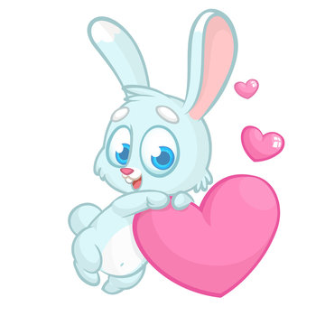 Funny cute Bunny with Heart Love Vector cartoon. Illustration can be used as print or card for St Valentines Day