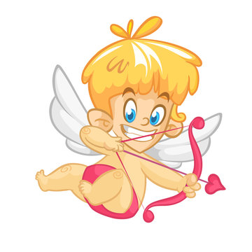 Valentine's Day illustration of funny cartoon cupid with bow and arrow aiming at someone. Cupid baby icon