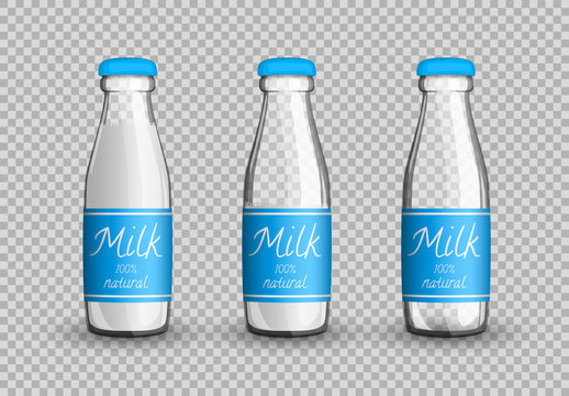 Transparent glass bottle of milk with labels