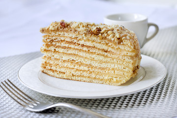 Piece of layer cake with custard and walnuts on a plate