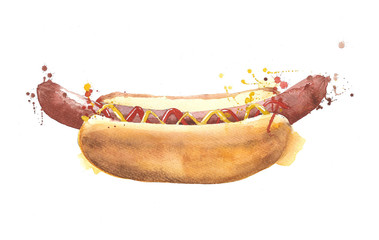 Hot dog watercolor painting illustration isolated on white background - 132247378