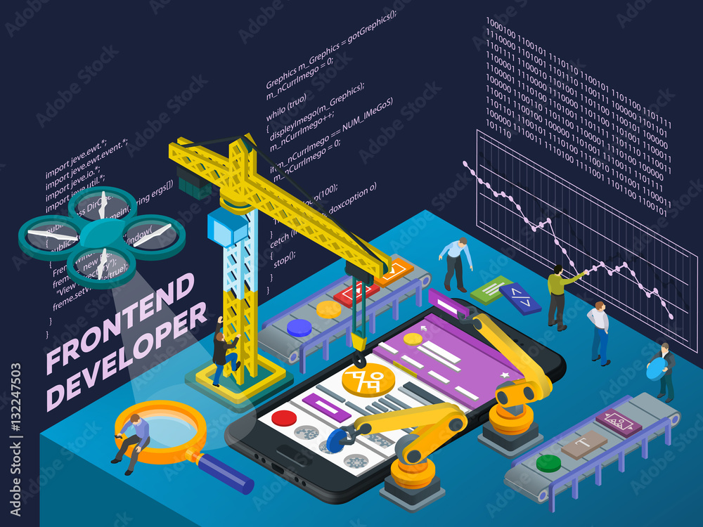 Poster mobile app development. flat 3d isometric mobile ui web design concept. isometric infographic concep
