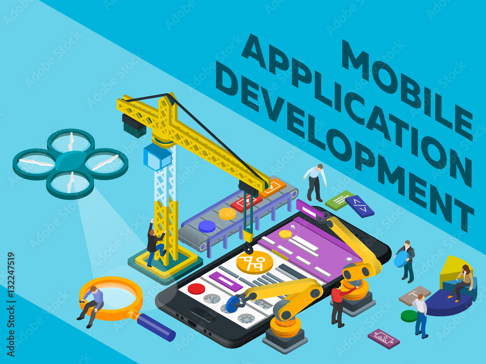 Poster mobile app development. flat 3d isometric mobile ui web design concept. software for smartphone. fut