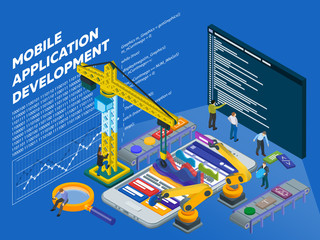 Mobile App Development. Flat 3d isometric mobile UХ web design concept. Isometric infographic concept. Program code on a screen. People at work in different poses. Vector illustration
