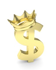Isolated golden dollar sign with golden crown on white background. Concept of making profit, income. Currency sign. American money. 3D rendering.