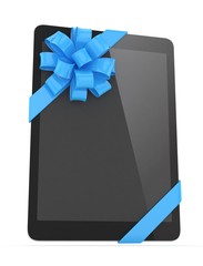 Black tablet with blue bow. 3D rendering.