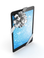 Black tablet with silver bow and blue screen. 3D rendering.