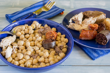 Madrid stew, typical Spanish dish with chickpeas, vegetables and meat,