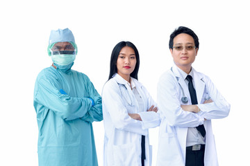 Medical team standing with arms crossed isolate on white