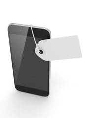 Smart phone with price tag on white background. Identification, price, label. 3D rendering.