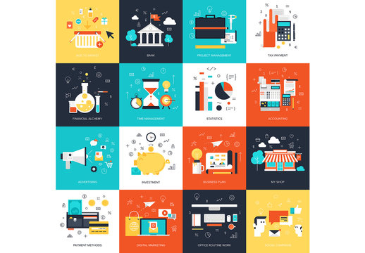 16 Flat Square Business and Finance Icons
