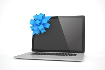 Laptop with blue bow and black screen. 3D rendering.