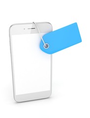 White smart phone with blue price tag on white background. Identification, price, label. 3D rendering.