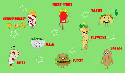 Colorful icons with fast food meals isolated