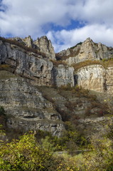 Two high top of Lakatnik rocks with monument and cross,  Iskar river defile, Sofia province, Bulgaria 