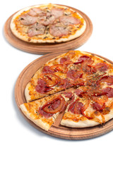 Big appetizing pizza on a wooden tablet