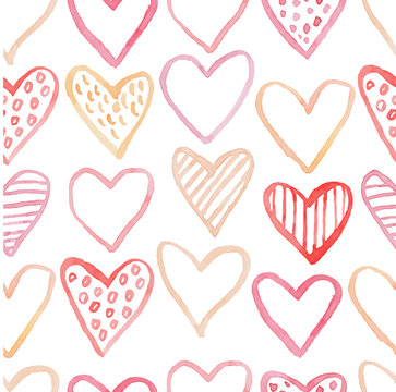 Happy Valentines Day watercolor hearts background vector illustration. Seamless pattern.