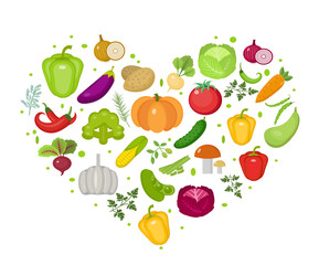 Vegetables icon set in heart shape. Flat style. Isolated on white background. Healthy lifestyle, vegan, vegetarian diet, raw food. Vector illustration
