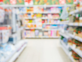 Blurred colorful supermarket products on shelves