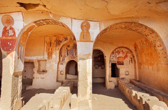 Rustic ancient fresco of the 6th century David Gareji cave monastery. UNESCO world heritage site