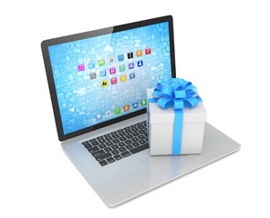 Gift box with ribbon bow on laptop keyboard. 3d rendering.